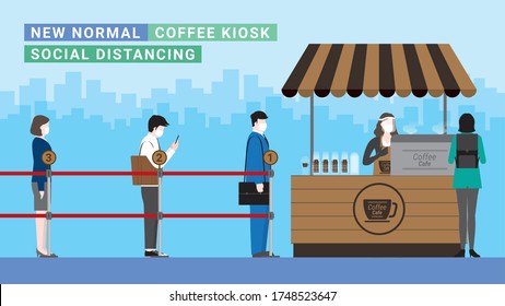 New normal coffee shop kiosk after covid-19 corona virus pandemic. Business people stand apart at queue line number on the go drinking rush hour. Protection is social distancing and wearing mask.