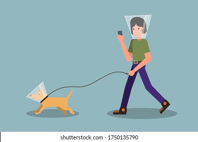 New Normal Concept After Coronavirus. Walking Man And Dog Wearing Protective Cone. Isolated. Stock Vector Illustration