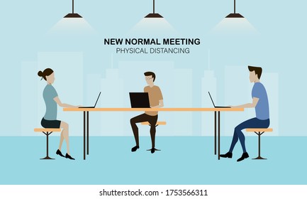 New normal concept after covid-19 pandemic and physical distancing people working keep distance and wearing face mask prevention from disease outbreak flat vector illustration art