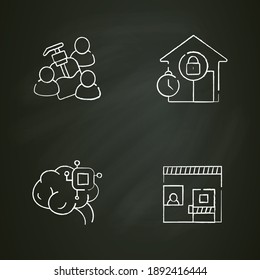 New normal concept chalk icons set. Health care and prevention culture. Social isolation and global automation. New life after covid19 outbreak. Isolated vector illustrations on chalkboard