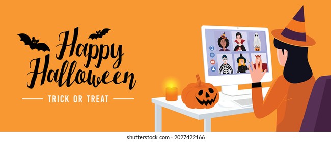 Nuevo concepto normal, Niños en Halloween vistiendo reuniones de video en casa. Vector