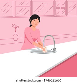 New normal concept corona virus pandemic. Woman washing her hand in the kitchen sink to avoid spreading covid-19. Flat style vector