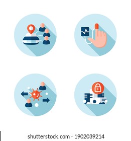 Nuevo concepto normal conjunto de iconos planos. Atención de la salud y cultura de prevención. Aislamiento social y automatización global. Nueva vida después del brote de covid19. Isolación de ilustraciones vectoriales de color con sombra