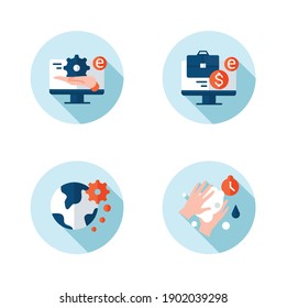 New normal concept flat icons set. Health care and prevention culture. Social isolation and global automation. New life after covid19 outbreak. Isolated color vector illustrations with shadow