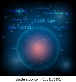 New normal concept. Global after coronavirus has run out, Text of new normal and earth on blue technology background with orange light.
