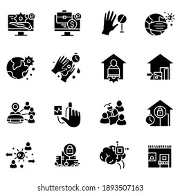 New normal concept glyph icons set. Health care and prevention culture. Social isolation and global automation filled flat signs. New life after covid19. Isolated silhouette vector illustrations