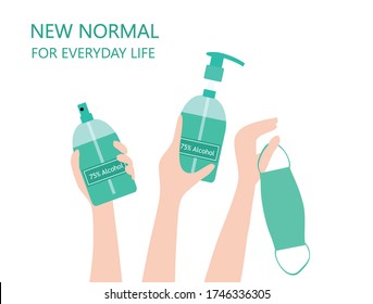 New normal concept hand holiding face mask, hands sanitizer and 75% alcohol spray to protect from COVID-19 coronavirus disease outbreak vector illustration. New normal for everyday life concept
