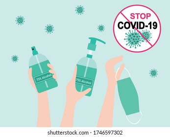 New normal concept hand holiding face mask, hands sanitizer and 75% alcohol spray to protect from COVID-19 coronavirus disease outbreak vector illustration. New normal for everyday life concept
