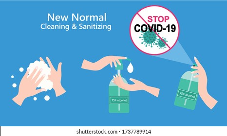 New normal concept, hand washing, hands using alcohol gel  and hand spraying 75% alcohol spray vector illustration. COVID-19 coronavirus prevention concept