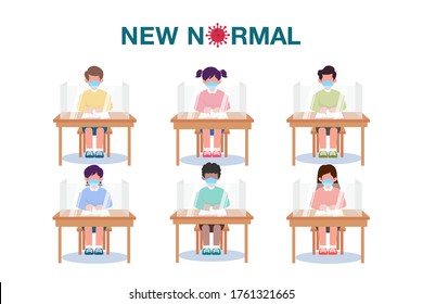 New normal concept illustration with kids wearing face mask and social distancing protect covid-19 disease outbreak. New normal after Covid-19 pandemic concept