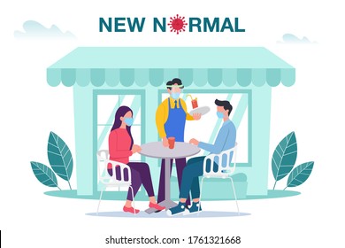 New normal concept illustration with male and female sitting at outdoor cafe or restaurant tables with face mask prevention from disease outbreak. New normal after Covid-19 pandemic concept