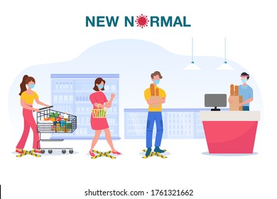 New normal concept illustration with people wearing face mask and keep distance away in supermarket to protect COVID-19 Coronavirus flu outbreak