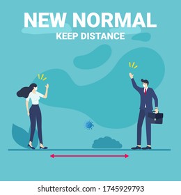 New normal concept and keep distance in public society. businessman and woman keep a distance in a meeting. New normal after COVID-19 pandemic concept