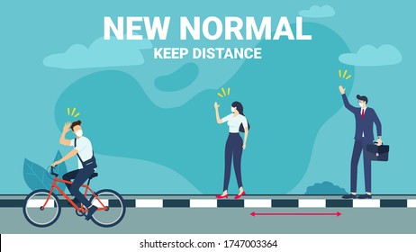 New normal concept and keep distance in public society. man riding a bicycle, businessman and woman keep a distance in a meeting. New normal after COVID-19 pandemic concept