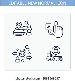 Nuevo conjunto de iconos de línea de concepto normal. Atención de la salud y cultura de prevención. Aislamiento social y bloqueo global. Nueva vida después del brote de covid19. Ilustraciones vectoriales aisladas. Trazo editable 