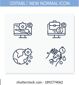 New Normal Concept Line Icons Set. Health Care And Prevention Culture. Social Isolation And Global Automation. New Life After Covid19 Outbreak. Isolated Vector Illustrations. Editable Stroke 