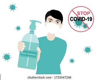 New normal concept, mam holing hand sanitizer to protect from COVID-19 coronavirus spread with stop covid-19 sign vector illustration. New normal after COVID-19 disease outbreak  concept background