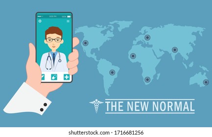 The new normal concept. Medical consultation via video conferencing application on a smartphone. Protected healthcare information (PHI), social distancing and telemedicine. 