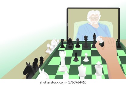 New normal concept.An old man is video chat to play chess with friends.	
