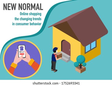 New normal concept, People buying online on the smart phone when stay at home. Self-quarantine at home prevention from coronavirus (covid-19), 3d isometric illustration.