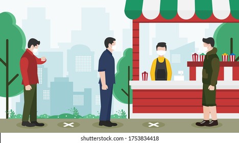 New normal concept with people keep physical distancing from each other and wearing face mask prevention from disease outbreak. Vector illustration of queue people buying food and drink at the Park