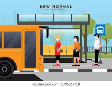 New normal concept people wait on queue at bus stop. Safety instruction for passengers. Social distancing maintain in public transport. Keep wearing face mask. Covid-19 awareness.Vector illustration