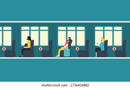 New normal concept. People wearing face mask and face shield keep distance while sitting in the bus, train. vector Illustration. 