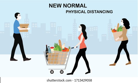 New normal concept and physical distancing people keep distance from each other and wearing face mask prevention from disease outbreak vector illustration. New normal after COVID-19 pandemic concept 