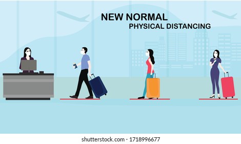 New normal concept and physical distancing people keep distance from each other and wearing face mask prevention from disease outbreak vector illustration. New normal after COVID-19 pandemic concept 