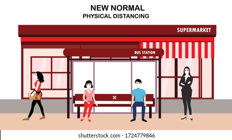 New normal concept and physical distancing people keep distance from each other and wearing face mask prevention from disease outbreak vector illustration. New normal after COVID-19 pandemic concept 
