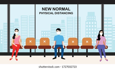 New normal concept and physical distancing people keep distance from each other and wearing face mask prevention from disease outbreak vector illustration. New normal after COVID-19 pandemic concept 