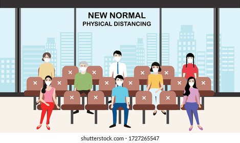 New normal concept and physical distancing people keep distance from each other and wearing face mask prevention from disease outbreak vector illustration. New normal after COVID-19 pandemic concept 