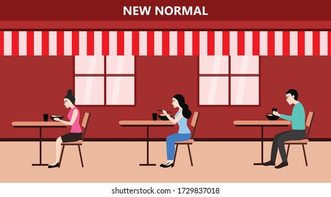 New Normal Concept And Physical Distancing People Eating In Restaurant And Keep Distance To Prevent From Disease Outbreak Vector Illustration. New Normal After COVID-19 Pandemic Concept 