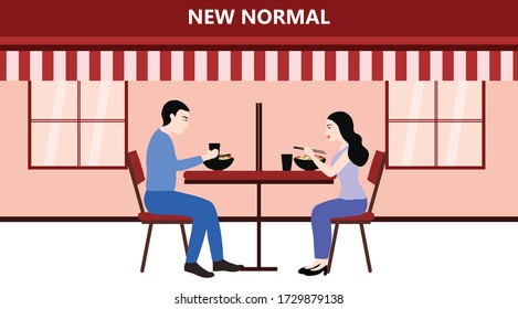 New Normal Concept And Physical Distancing People Eating And Keep Distance To Prevent Disease Outbreak  Vector Illustration. New Normal After COVID-19 Pandemic Concept 