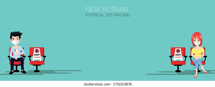 New normal concept and physical distancing people keep distance from each other and wearing face mask prevention from disease outbreak.  Vector illustration of new behavior after Covid-19 pandemic