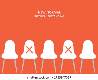 New normal concept and physical distancing chairs keep distance from each other to prevent from disease outbreak vector illustration. New normal after COVID-19 pandemic concept 