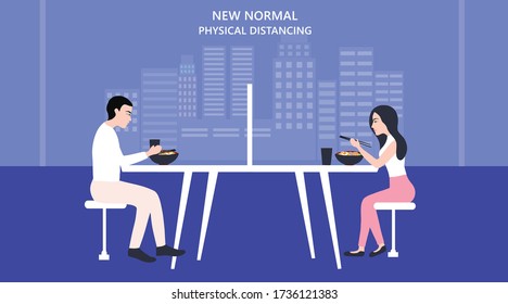 New Normal Concept And Physical Distancing People Eating And Keep Distance To Prevent Disease Outbreak  Vector Illustration. New Normal After COVID-19 Pandemic Concept 