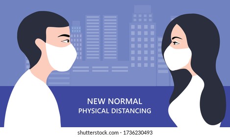 New normal concept and physical distancing two people  keep distance to prevent disease outbreak  vector illustration. New normal after COVID-19 pandemic concept 