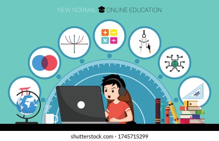 New Normal Concept And Physical Distancing. Boy Using Laptop For Online Education E-learning Mathematic At Home For Prevention From Coronavirus Outbreak. Vector Of New Behavior After Covid-19 Pandemic