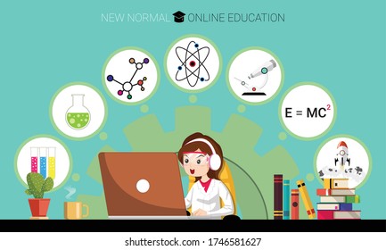 New normal concept and physical distancing. Girl using laptop for online education e-learning Science at home for prevention from coronavirus outbreak. Vector of new behavior after Covid-19 pandemic