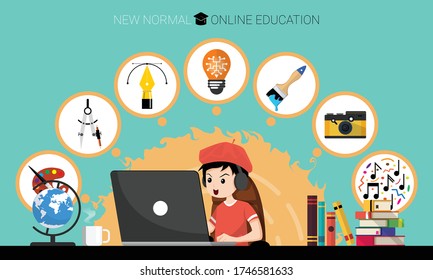 New normal concept and physical distancing. Boy using laptop for online education e-learning Art at home for prevention from coronavirus outbreak. Vector of new behavior after Covid-19 pandemic