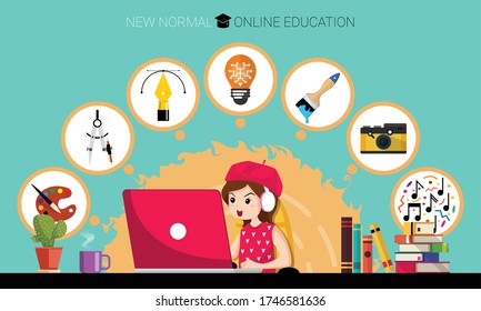 New normal concept and physical distancing. Girl using laptop for online education e-learning Art at home for prevention from coronavirus outbreak. Vector of new behavior after Covid-19 pandemic