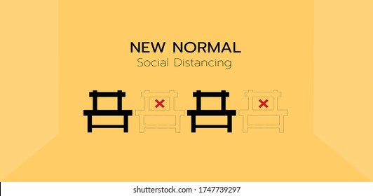 New normal concept and physical distancing chairs keep distance from each other to prevent from disease outbreak vector illustration. New normal after COVID-19 pandemic concept