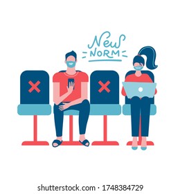 New normal concept - physical distancing people. Man and woman sitting on distance from each other and wearing face mask prevention from disease outbreak. COVID-19 pandemic. Flat Vector illustration