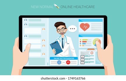 New normal concept and physical distancing, Hands holding tablet to use online healthcare and medical consultation. Doctor video conference with stethoscope. New behavior after Covid-19 pandemic