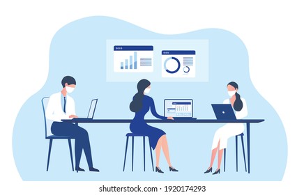 New normal concept and physical distancing people working keep distance and wearing face mask prevention from disease outbreak vector illustration. New normal after COVID-19 pandemic concept