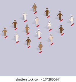 New normal concept. Reducing the spread of the corona virus is Physical or Social distancing. All people should stand behind red mark.