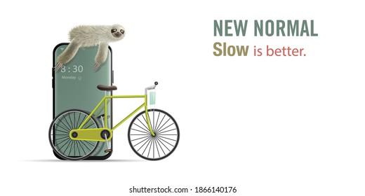 New Normal concept of slowing down life for consciousness, with a sloth animal on smartphone and yellow-green bicycle with a mask hanging on it isolated on white background. Vector 3D rendering.