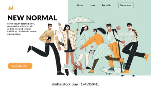 New normal concept of social distancing people with face mask. Web landing page template with character wear trendy facial mask. Flat vector cartoon illustration isolated on white background