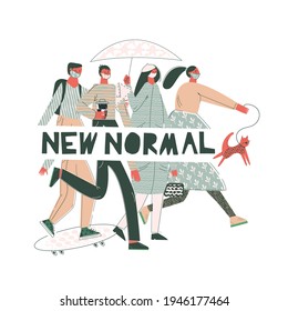 New normal concept of social distancing people with face mask. Men and women wear trendy facial mask outside. Flat vector cartoon illustration with cut out lettering isolated on white background